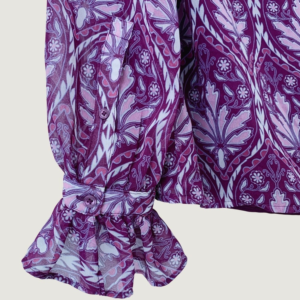 Talbots Blouse Women L Purple Floral Ruffle Neck Long Sleeve Button Front Top - Picture 6 of 10